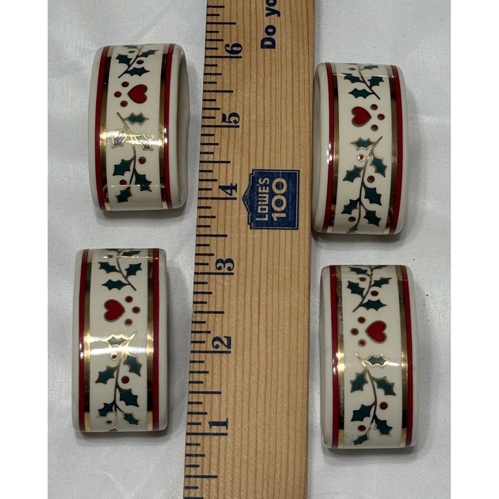Vintage Porcelain Christmas Napkin Rings Crowning Touch Hearts Holly Gold Trim 4